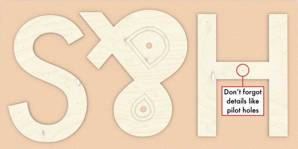 CNC routing (plywood) diagram - reminder to get pilot holes machined alongside profiles.